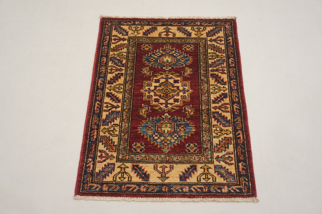 Red 2x3 Kazak Area Rug Afghan Hand Knotted Rug Kitchen Rug Decorative