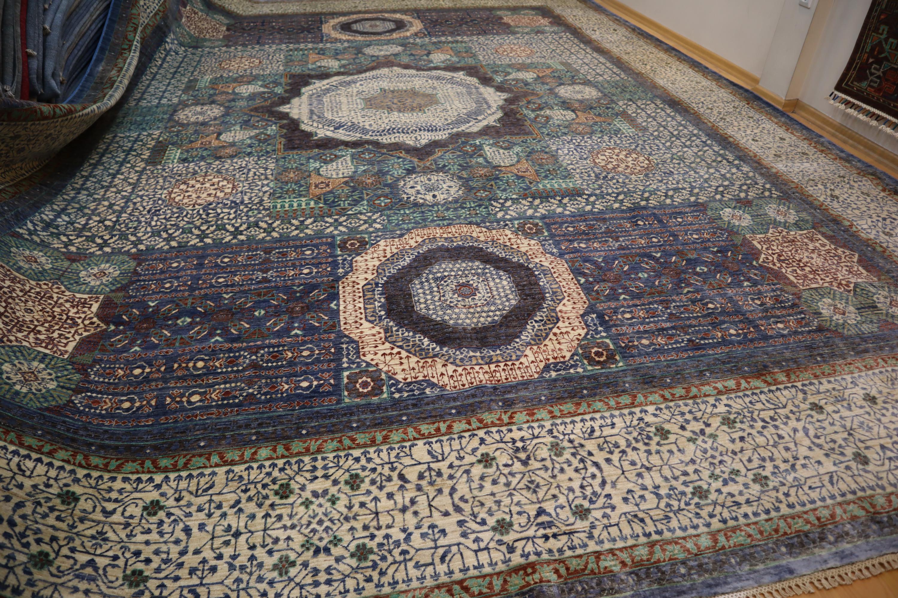 12x15 Blue Mamluk Turkish Area Rug - High Quality Hand knotted Wool Oversize Medallion Geometric Rug - rugs for living room - 12.0x15.7 ft