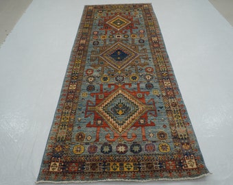4x10 Blue Kazak Runner Rug - Caucasian Afghan Hand knotted Natural dyes wool wide runner rug - Entryway runner Hallway runner rug 3&#39;10&quot;x9&#39;7&quot;