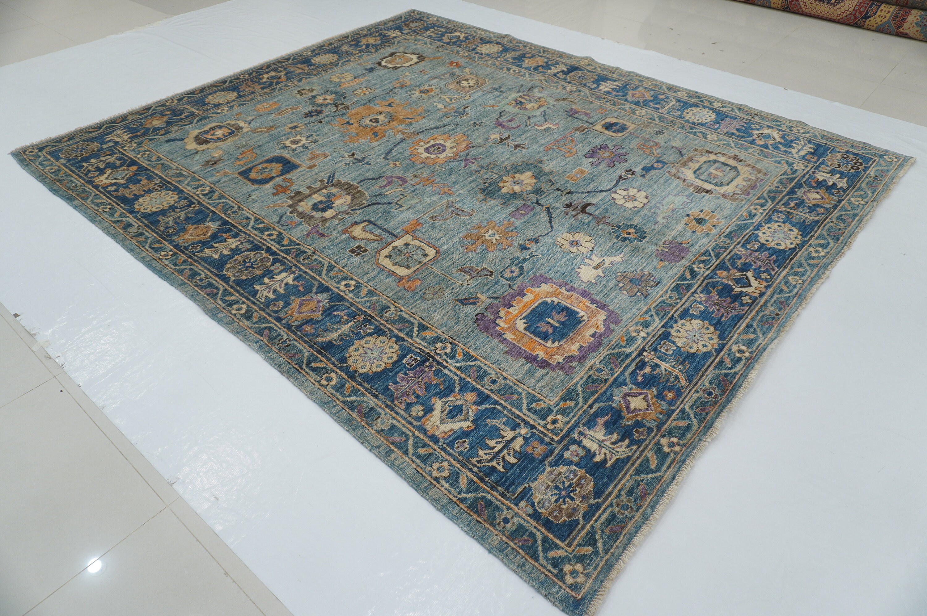 Muted Blue Turkish Oushak Rug: Hand-knotted Wool, 8x9 Ft - Etsy