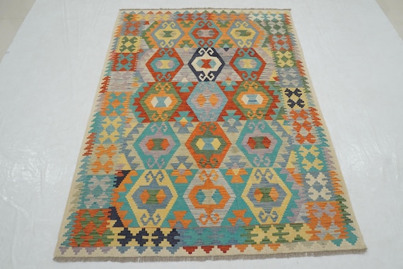 Handmade Afghan Kilim Rug: 5x7 Multicolor Geometric Wool