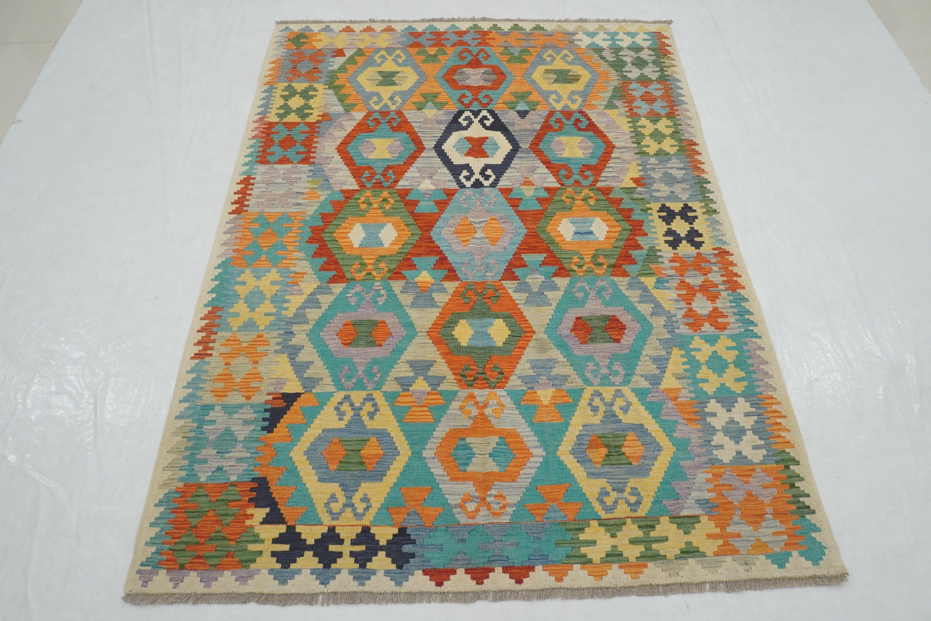 5x7 マルチカラー アフガンキリムラグ - ハンドメイド