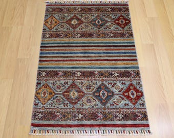 3x4 ft Blueish Gray Khorjin Rug: Afghan Hand-Knotted Wool Striped Rug
