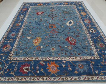 9x12 Blue Oushak Turkish Rug - Plush Wool Veg Dyes Hand Knotted Boho Area Rug - Bedroom rug - Living room rug - Dining table rug - 9&#39;x11&#39;7&quot;