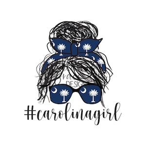 Carolina Girl Sublimation Transfer Graphic | Brunette Messy Bun, South Carolina, Palmetto Tree, Crescent Moon, Southern, Digital Download