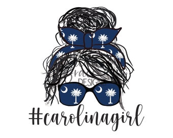 Carolina Girl Sublimation Transfer Graphic | Brunette Messy Bun, South Carolina, Palmetto Tree, Crescent Moon, Southern, Digital Download