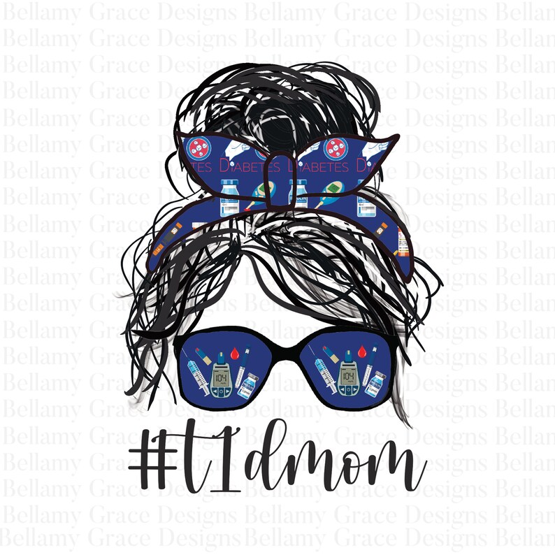 May include: A digital illustration of a woman with a messy bun. The bun is decorated with a blue headband with a pattern of syringes, blood glucose meters, and the words "Diabetes" and "Type 1". The woman is wearing blue sunglasses with the same pattern reflected in the lenses. The text "#t1dmom" is written below the woman's face.