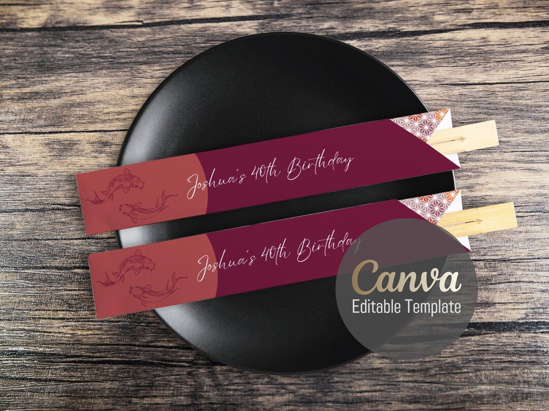 Editable Canva Chopstick Sleeve Template Red Background With Line Art