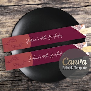 Editable Canva Chopstick Sleeve Template – Red Background with Line Art Sun and Koi, Stylish Sushi Nights, Hibachi Party or Japanese Events
