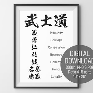 Bushido Seven Virtues Japanese Calligraphy Wall Art (Digital Download)
