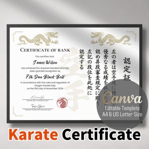 Modello di certificato di grado di karate modificabile - Drago - Bilingue inglese / giapponese - Personalizzazione Canva - Perfetto per dojo e istruttori