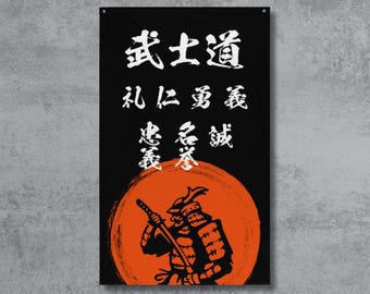 Samurai Art Flag: Japanese Bushido Virtues, Kanji Calligraphy Banner