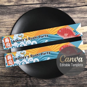 Editable Canva Chopstick Sleeve Template – Tairyo Flag Style with “Sushi” Kanji, Perfect for Seafood Parties