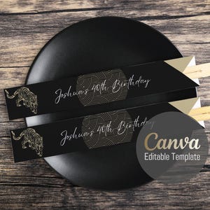 Editable Canva Chopstick Sleeve Template – Black Background with Gold Tiger, Stylish Sushi Nights, Hibachi Party or Japanese Events