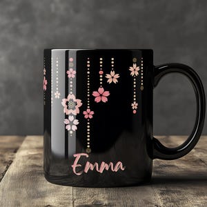Personalized Sakura Mug – Choose 11oz or 15oz | Black Ceramic Cup with Cherry Blossom Design & Custom Name | Elegant Floral Gift Idea