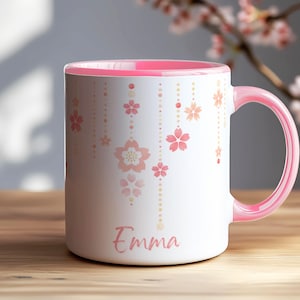 Personalized Sakura Mug – Custom Name on Both Sides | 11oz & 15oz White Mug with Cherry Blossom Design | 11 Accent Colors Available