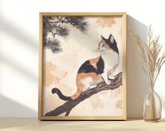 Edo-Style Cat Art Print: Vintage Japanese Ukiyo-e Illustration (Digital Download)