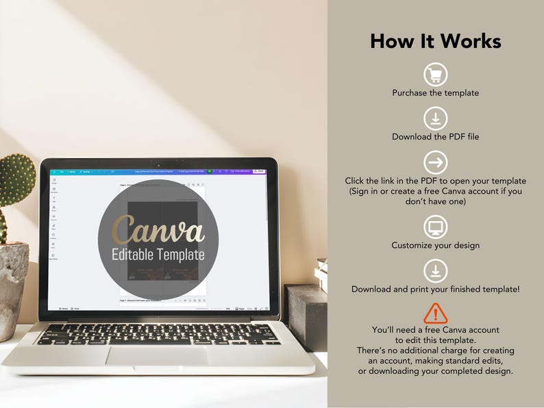 May include: A laptop displays a Canva editable template. The screen shows a circular logo with the word "Canva" in gold lettering. Instructions on the right detail how to purchase, download, and customize the template. A cactus in a pot is visible.