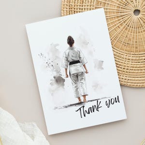 Printable Martial Arts Thank You Card – Female in Gi – Karate Judo Aikido Jiu-Jitsu – Foldable 5x7 Greeting – US Letter PDF