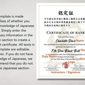 May include: A certificate of rank template with Japanese text at the top and English text below. The certificate is for Charlotte Davis, 7th Dan Black Belt, Dragon Karate Dojo. Includes signatures and a logo.