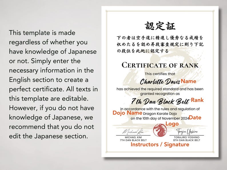 May include: A certificate of rank template with Japanese text at the top and English text below. The certificate is for Charlotte Davis, 7th Dan Black Belt, Dragon Karate Dojo. Includes signatures and a logo.