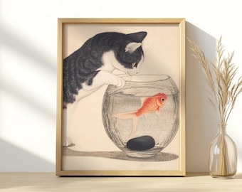 Japanese Cat & Goldfish Print: Ukiyo-e Woodblock Art (Digital Download)