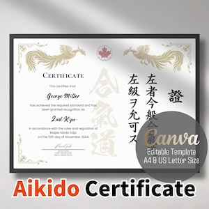 Aikido Rank Certificate Template: Bilingual Phoenix Design (Canva Editable, Digital)