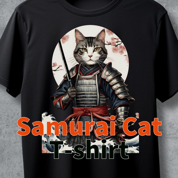 Samurai Cat T-shirt, Sakura Wave, Hokusai Art