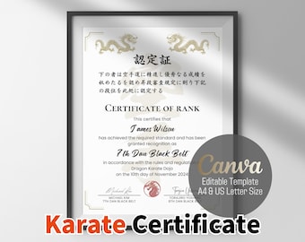 Editable Karate Rank Certificate Template: Bilingual Dragon Design (Canva)