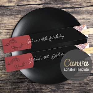 Editable Canva Chopstick Sleeve Template – Black Background, Line Art Sun and Koi, Stylish Sushi Nights, Hibachi Party or Japanese Events