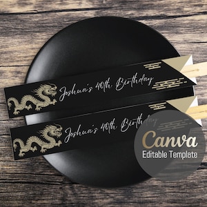 Editable Canva Chopstick Sleeve Template – Japanese Cloud & Dragon Design on Black, Hibachi, Ramen and Asian Cuisine Parties