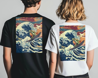 Surfing Frog T-Shirt - Hokusai Wave Back Print, japanische Kunst