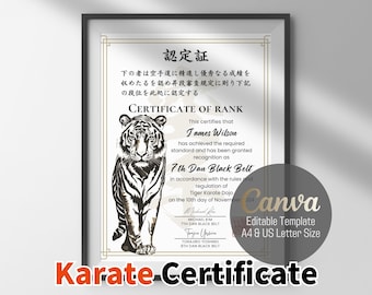 Editable Karate Rank Certificate: Tiger Design, Bilingual (Digital Download)