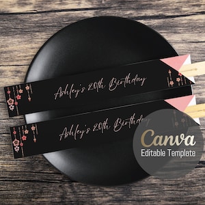 Editable Canva Chopstick Sleeve Template – Black Background with Sakura Chain, Stylish Sushi Nights, Hibachi Party or Japanese Events