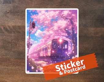 Japan Train Sticker or Postcard: Scenic Cherry Blossoms & Fall Foliage