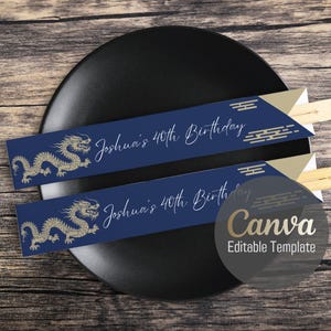 Editable Canva Chopstick Sleeve Template – Japanese Cloud & Dragon Design on Deep Blue, Hibachi, Ramen and Asian Cuisine Parties