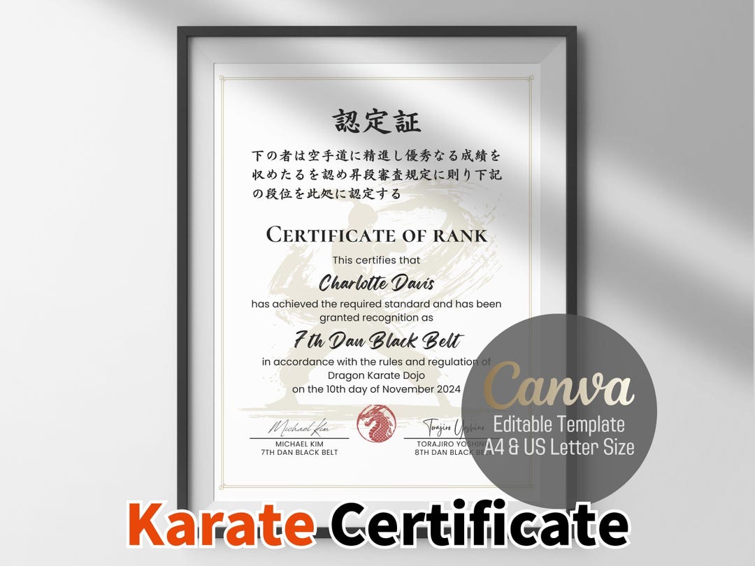 Japanese & English Dan Rank Award, Female Martial Artist Editable Canva ...