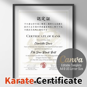 May include: Framed karate certificate with Japanese characters and English text. The certificate, for Charlotte Davis, states 7th Dan Black Belt, dated November 10, 2024. The bottom of the frame reads "Karate Certificate".