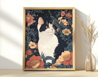 Japanese Cat Art Print: Vintage Ukiyo-e Floral Illustration (Digital Download)