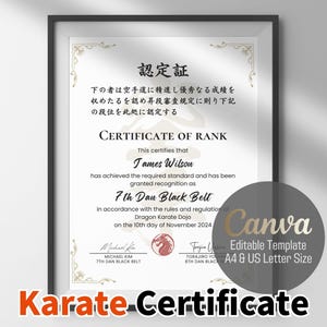 Bearbeitbare Karate-Rank-Zertifikatsvorlage - Zweisprachig Englisch / Japanisch - Einfache Canva-Anpassung - Perfekt für Dojos & Karatelehrer