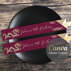 Editable Canva Chopstick Sleeve Template – Japanese Cloud & Dragon Design on Deep Red, Hibachi, Ramen and Asian Cuisine Parties