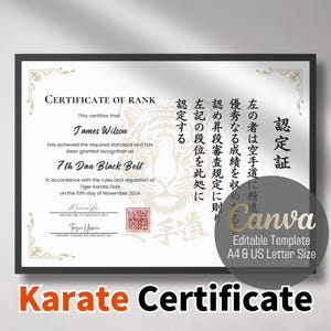 Bearbeitbare Karate-Rank-Zertifikatsvorlage - Tiger - Zweisprachig Englisch / Japanisch - Canva-Anpassung - Perfekt für Dojos & Instruktoren H