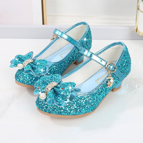 Girls Leather Shoes High-heeled Rhinestone Bow Little Princess Model Crystal Single Shoes Sequined Children's Shoes