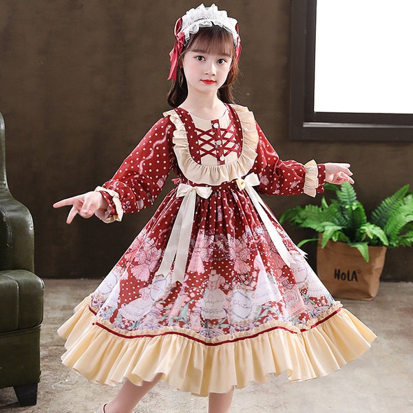 Ragazze Lolita Princess Dress Primavera e autunno Nuovo collo della bambola coreana Vestito pieghettato per bambini del fumetto in stile occidentale