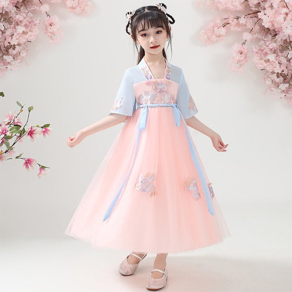 Girls Hanfu Summer Short Sleeve Dress 2023 New Chinese Style Chest-Length Skirt Fairy Elegant Ancient Costume Children's Dress