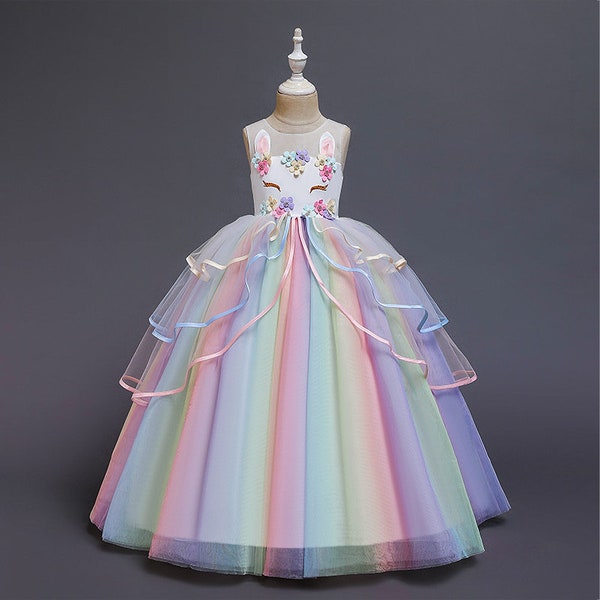 Summer New Dress Skirt Girl Dress Unicorn Children Mesh Gauze Rainbow Fluffy Princess Dress