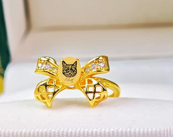 Unique Bow Ring With Pet Portrait, Sterling Silver Jewelry, Pet Memorial Gift, Birthstone Ring, Christmas Gift