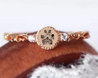 Personalized Paw Print Ring, Pet Keepsake Ring, Vintage Birthstone Ring, Sterling Silver Ring, Custom Pet Jewelry, Pet Loss Memorial