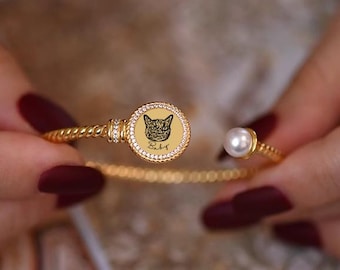 Custom Cat Memorial Bracelet, Natural Pearl Gift, Open Gap Bangle, Pet Keepsake, Dog Memorial Gift, Gift For Pet Loss