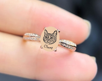 Custom Cat Portrait Ring, Pet Memorial Gift, Handmade Jewelry, Sterling Silver Ring